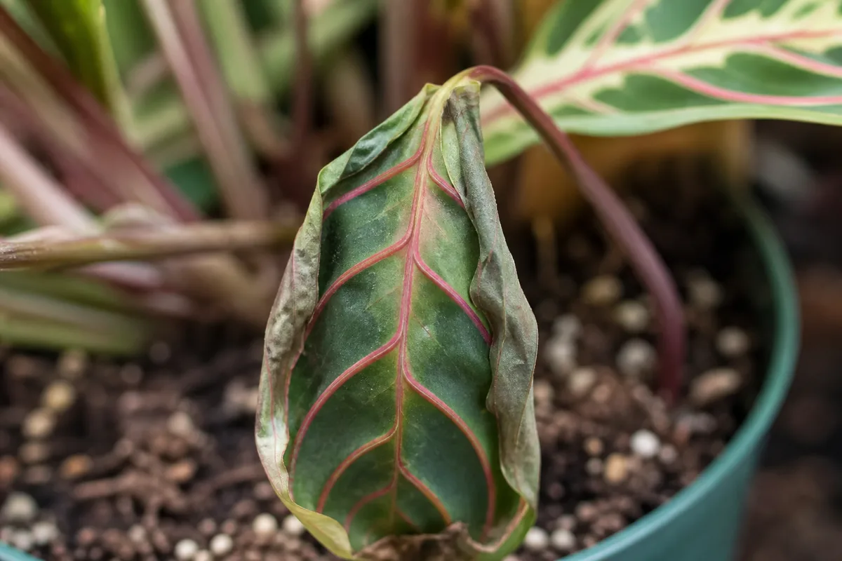 Close-up of Transplant Shock on Maranta Leuconeura - diagnostic detail