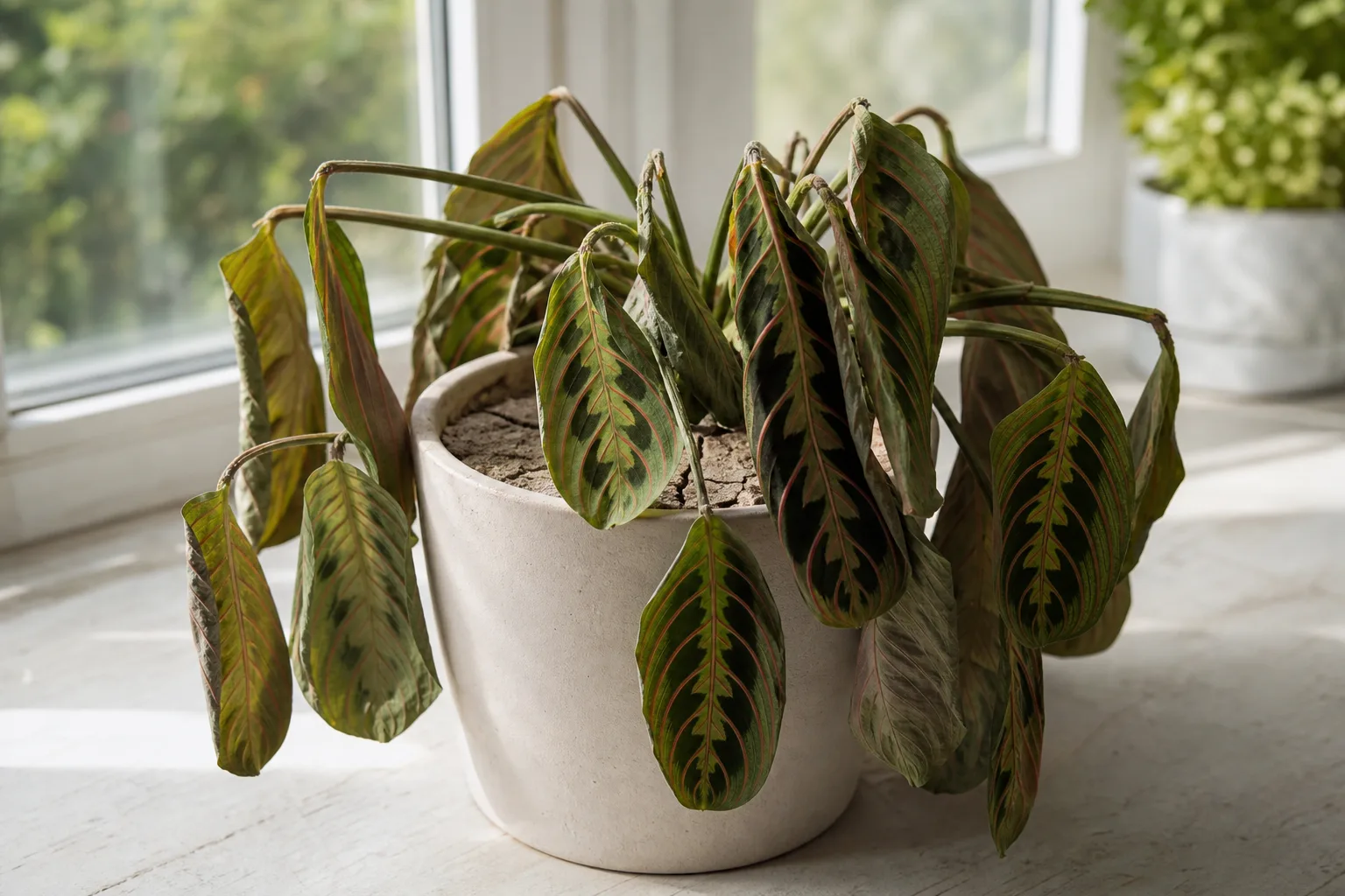 Underwatering on Maranta Leuconeura - visible symptom on the plant