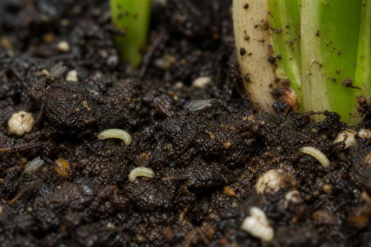 Close-up of Fungus Gnats on Marble Queen Pothos - diagnostic detail