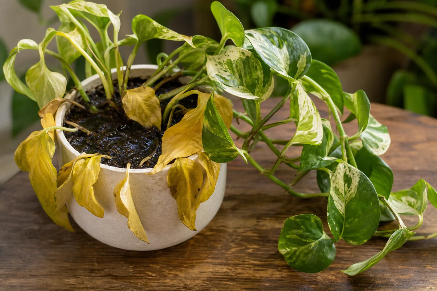 Overwatering on Marble Queen Pothos - visible symptom on the plant