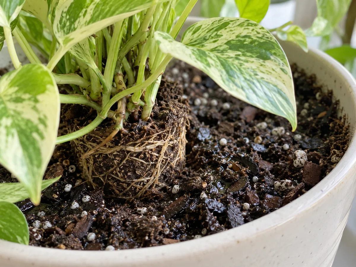 Close-up of a small Marble Queen Pothos root ball in an oversized volume of wet mix