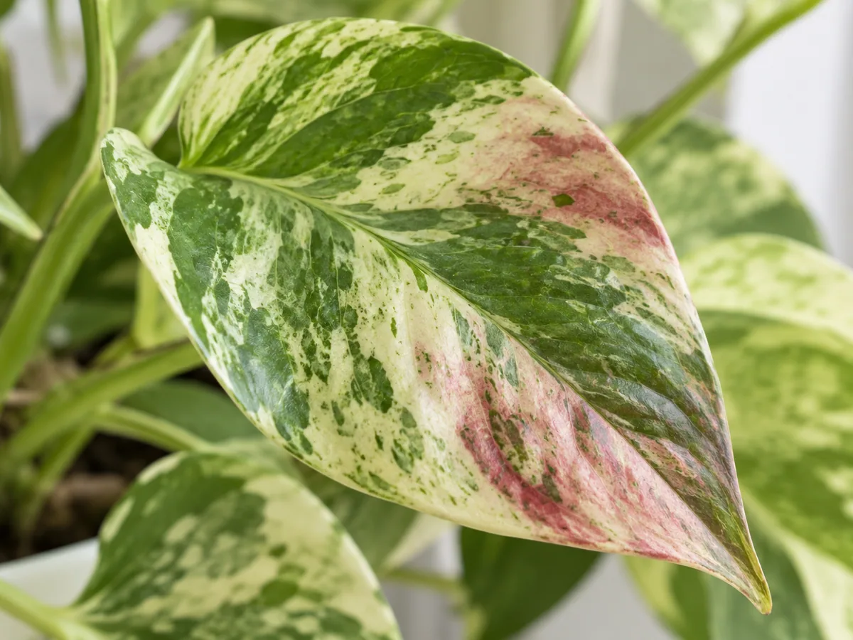 Close-up of reddish stress color on a Marble Queen Pothos leaf