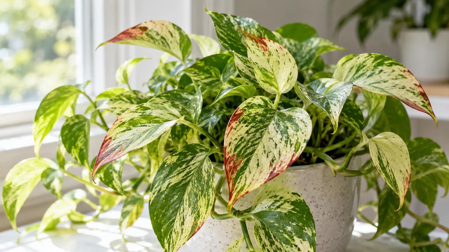 Reddish margins and stress coloration on Marble Queen Pothos variegated leaves