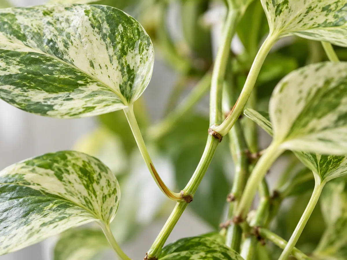 Close-up of thin stems on Marble Queen Pothos - diagnostic detail