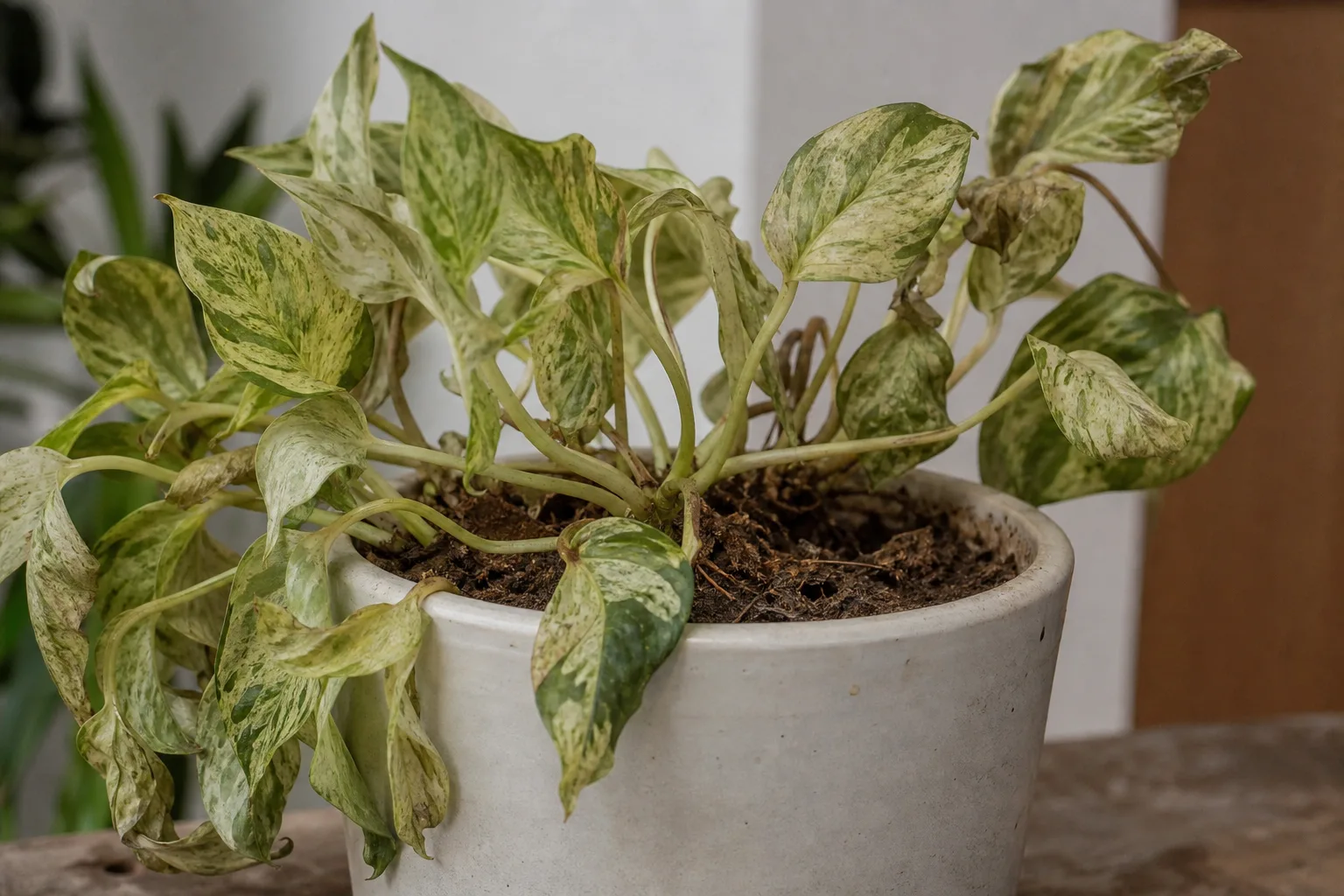 Underwatering on Marble Queen Pothos - visible symptom on the plant
