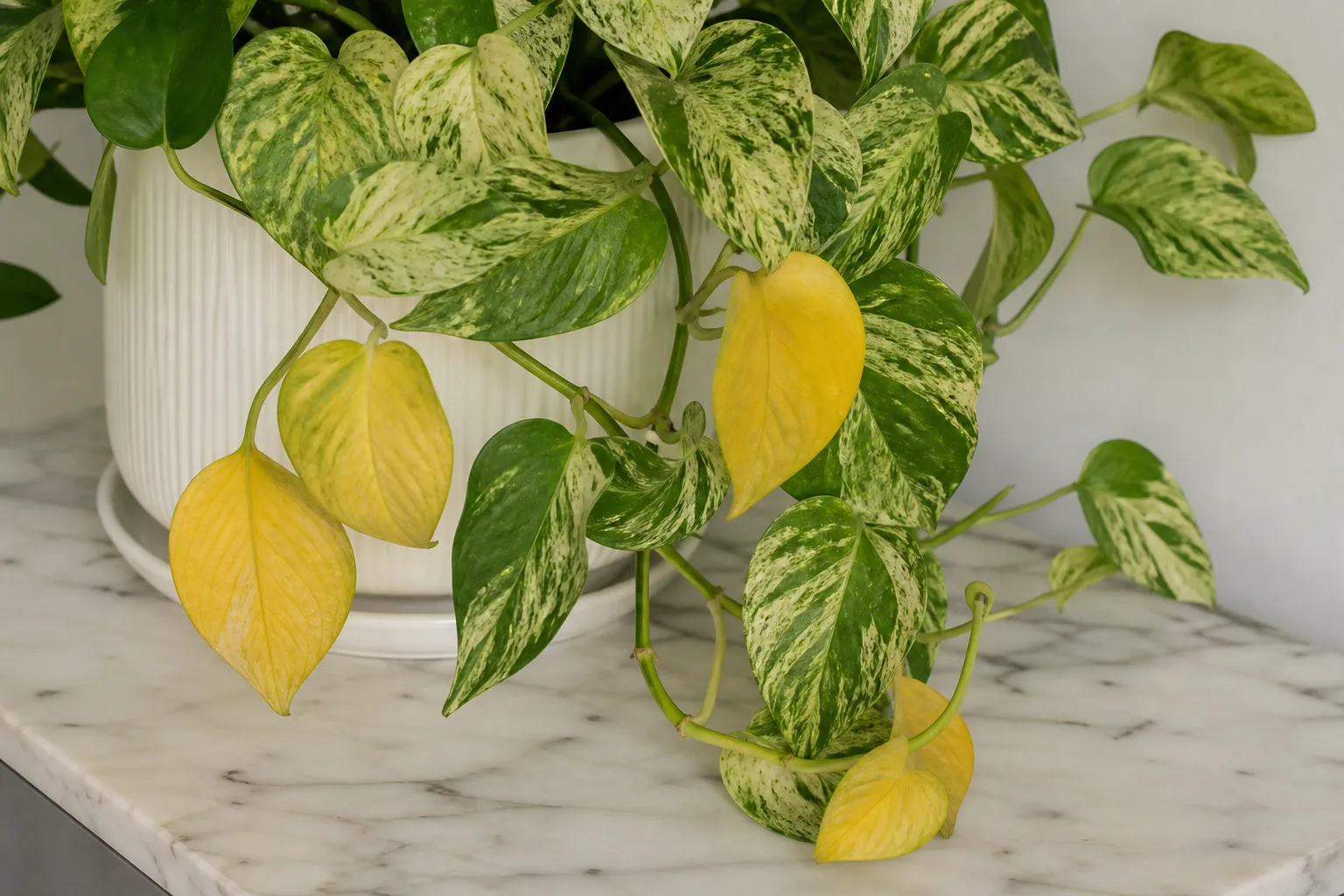 Yellow Leaves on Marble Queen Pothos - visible symptom on the plant
