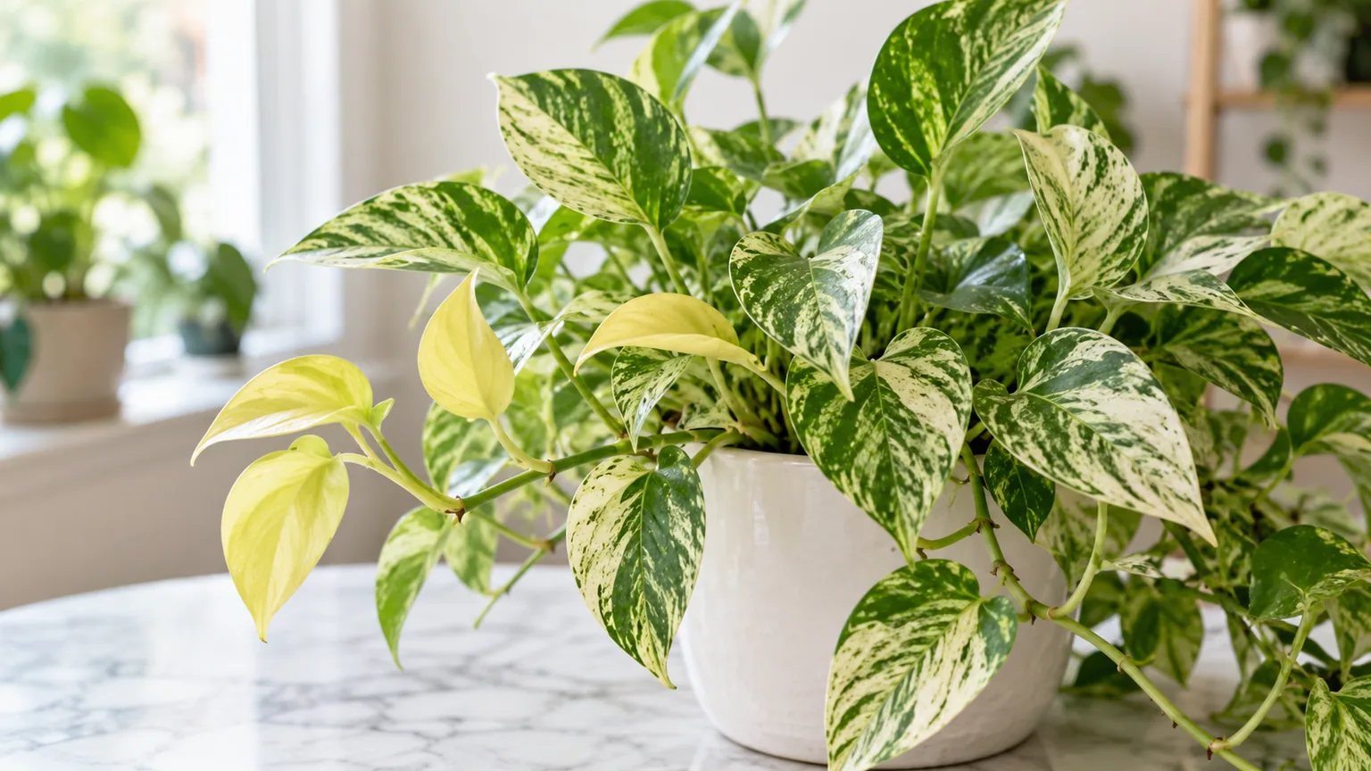 Yellow Seedlings on Marble Queen Pothos - pale yellowing young leaves on small cuttings