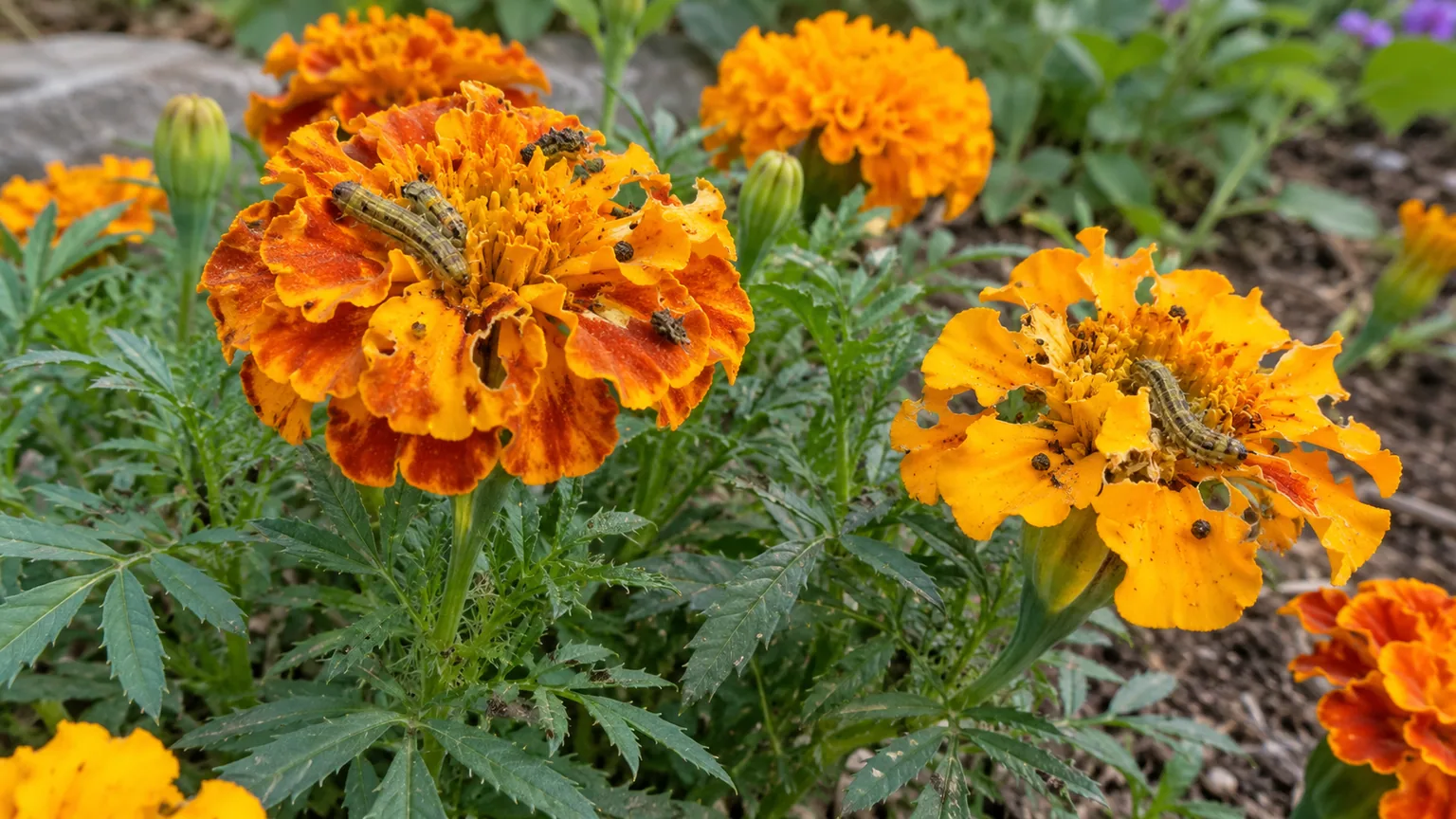 Caterpillars on Marigold - chewed petals and frass on blooms