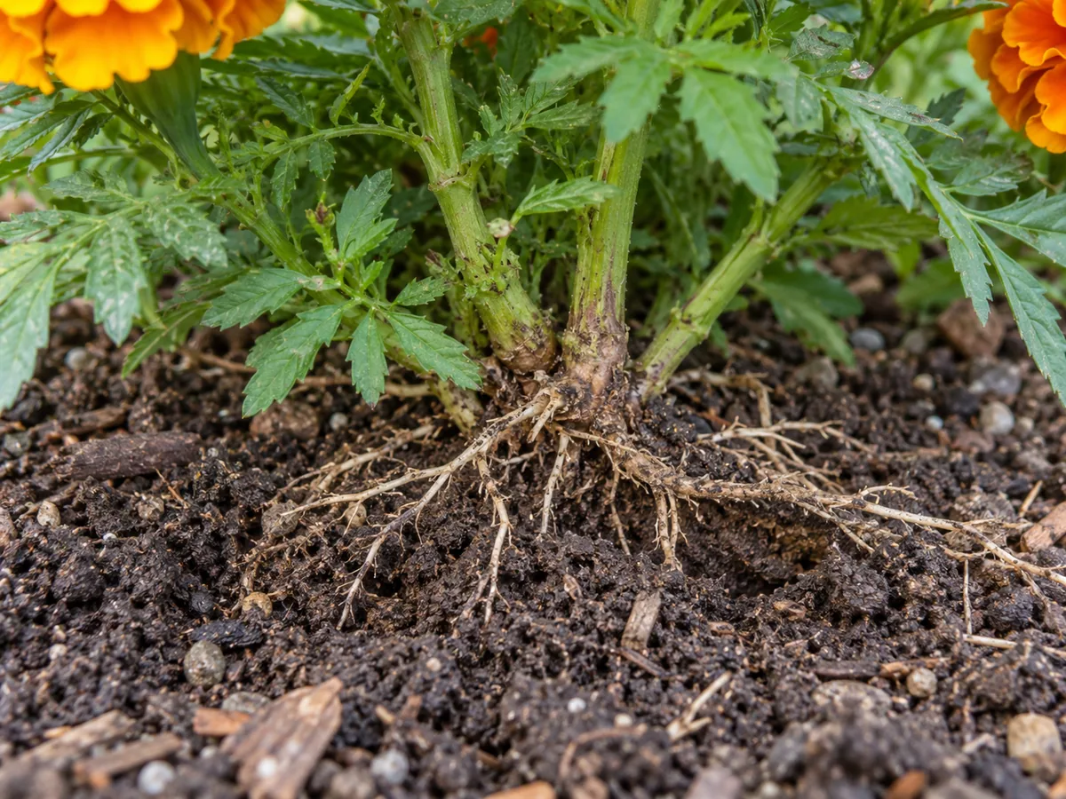 Close-up of shallow marigold roots exposed at the soil surface