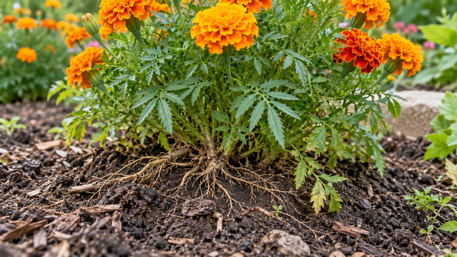 Exposed roots on marigold - shallow fibrous roots visible at the soil surface