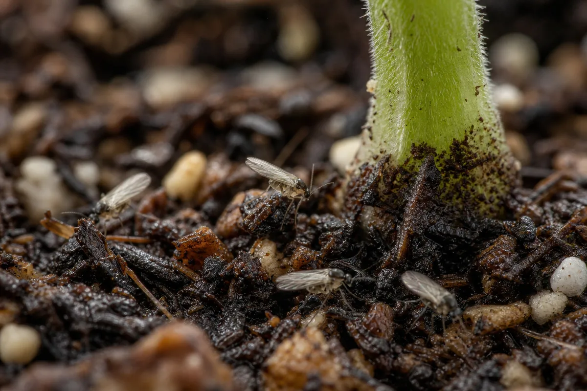 Close-up of Fungus Gnats on Marigold - diagnostic detail