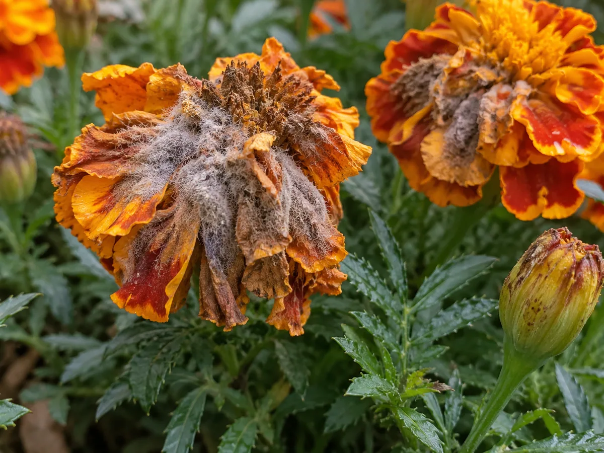 Close-up of high humidity damage on Marigold - gray mold on blooms