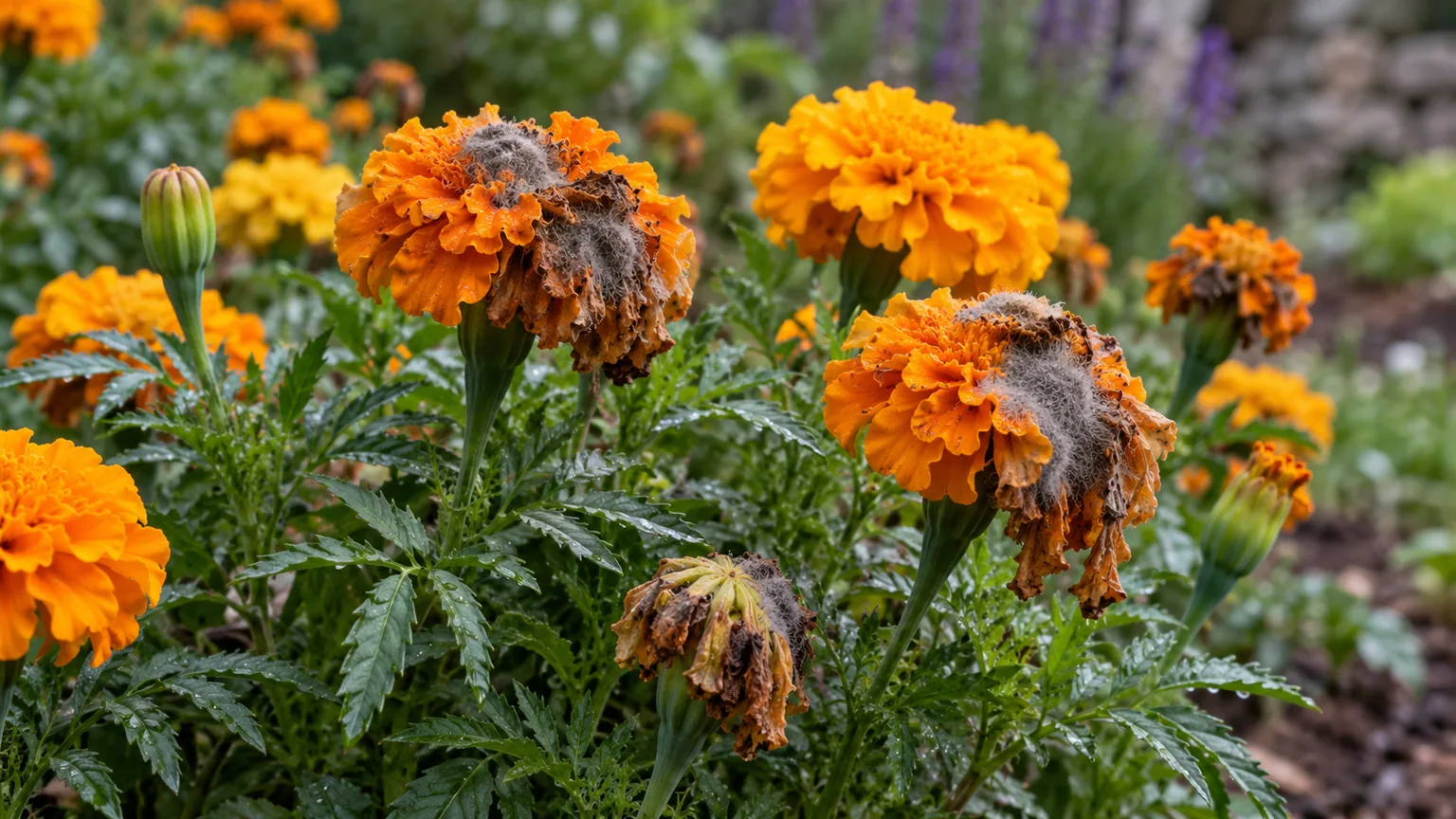 High humidity damage on Marigold - gray mold on blooms
