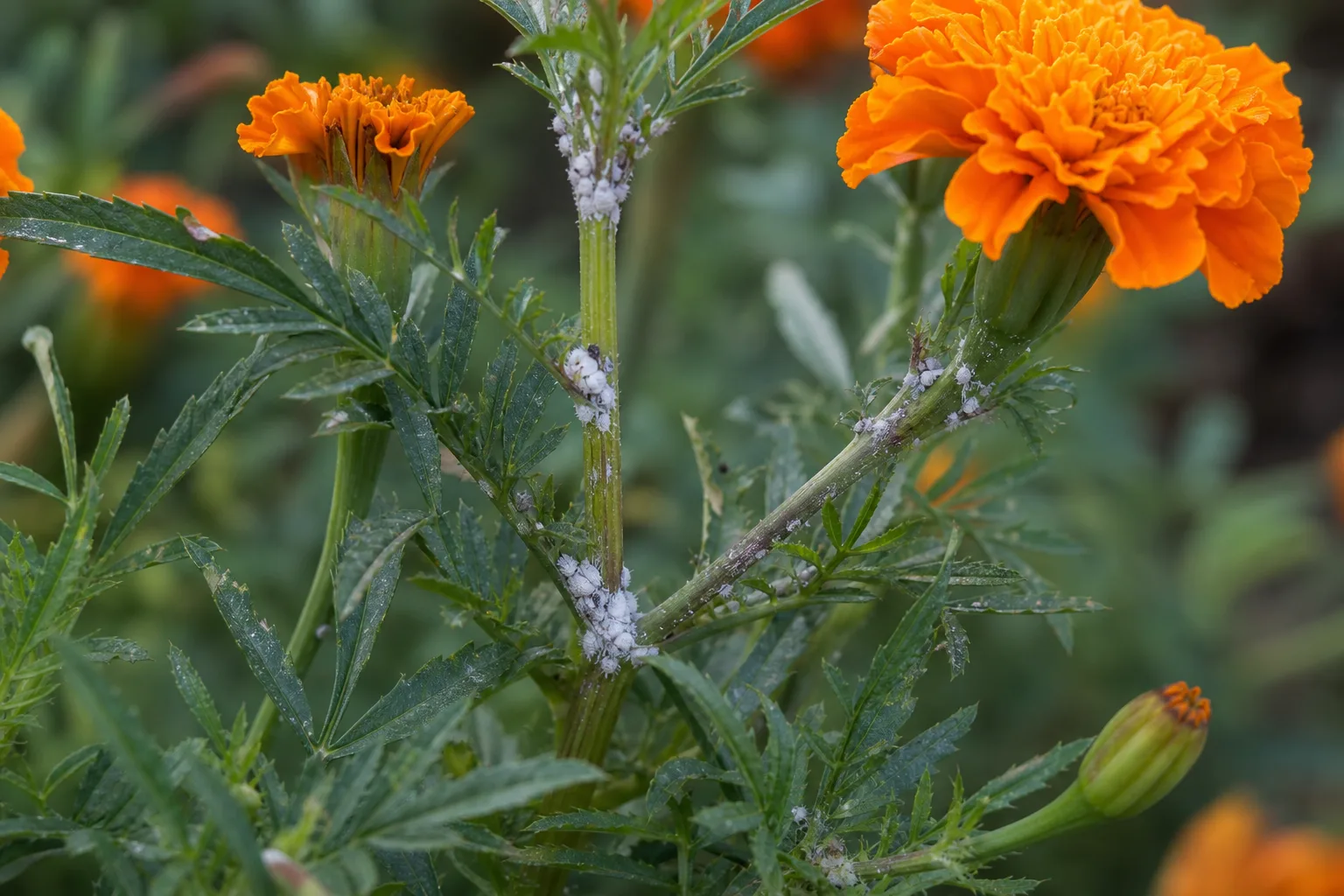 Mealybugs on Marigold - visible symptom on the plant