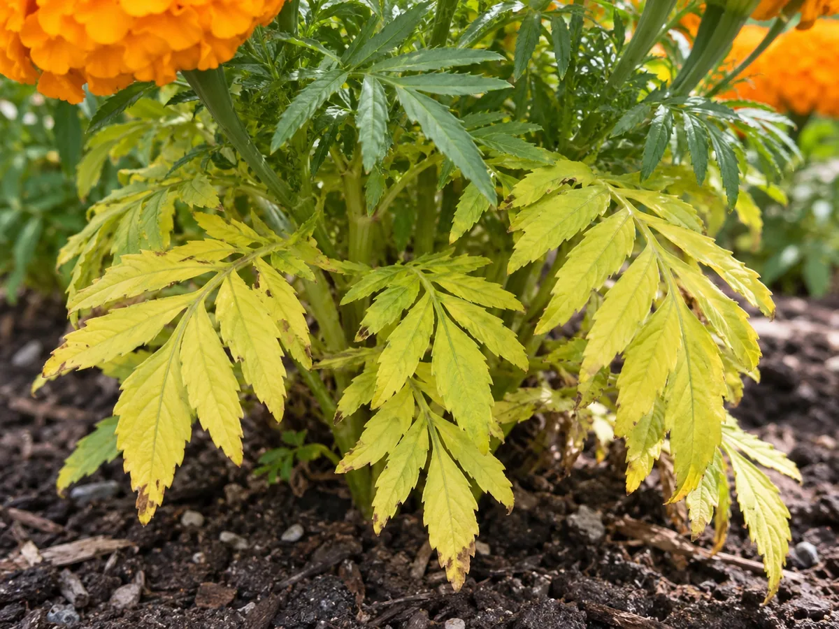 Close-up of nitrogen deficiency on marigold - pale uniform yellowing of lower leaves