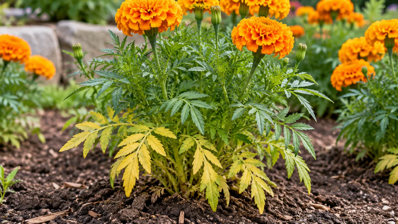 Nitrogen deficiency on Marigold - pale yellowing lower leaves on the plant