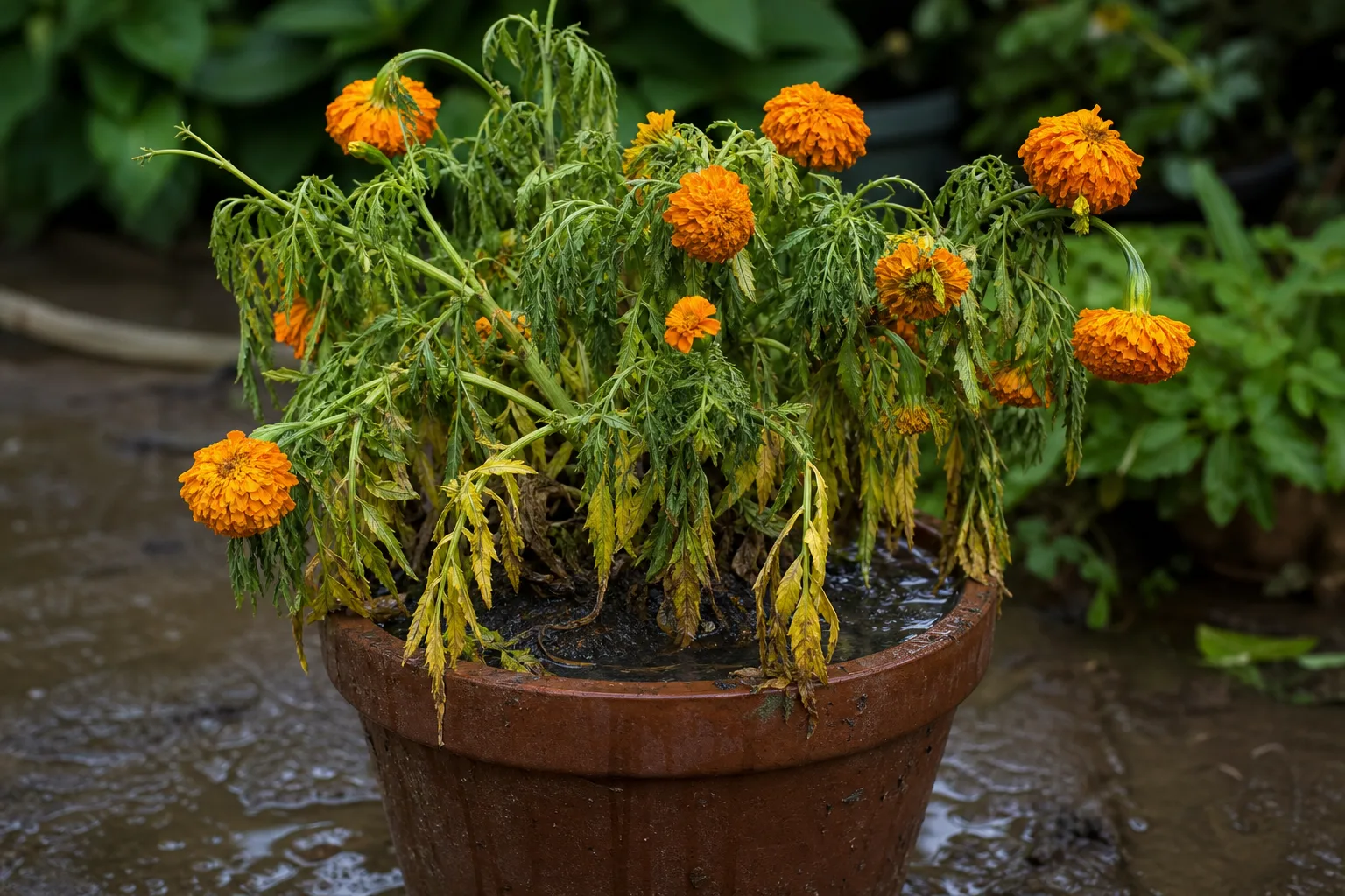 Marigold foliage and blooms declining from excess moisture
