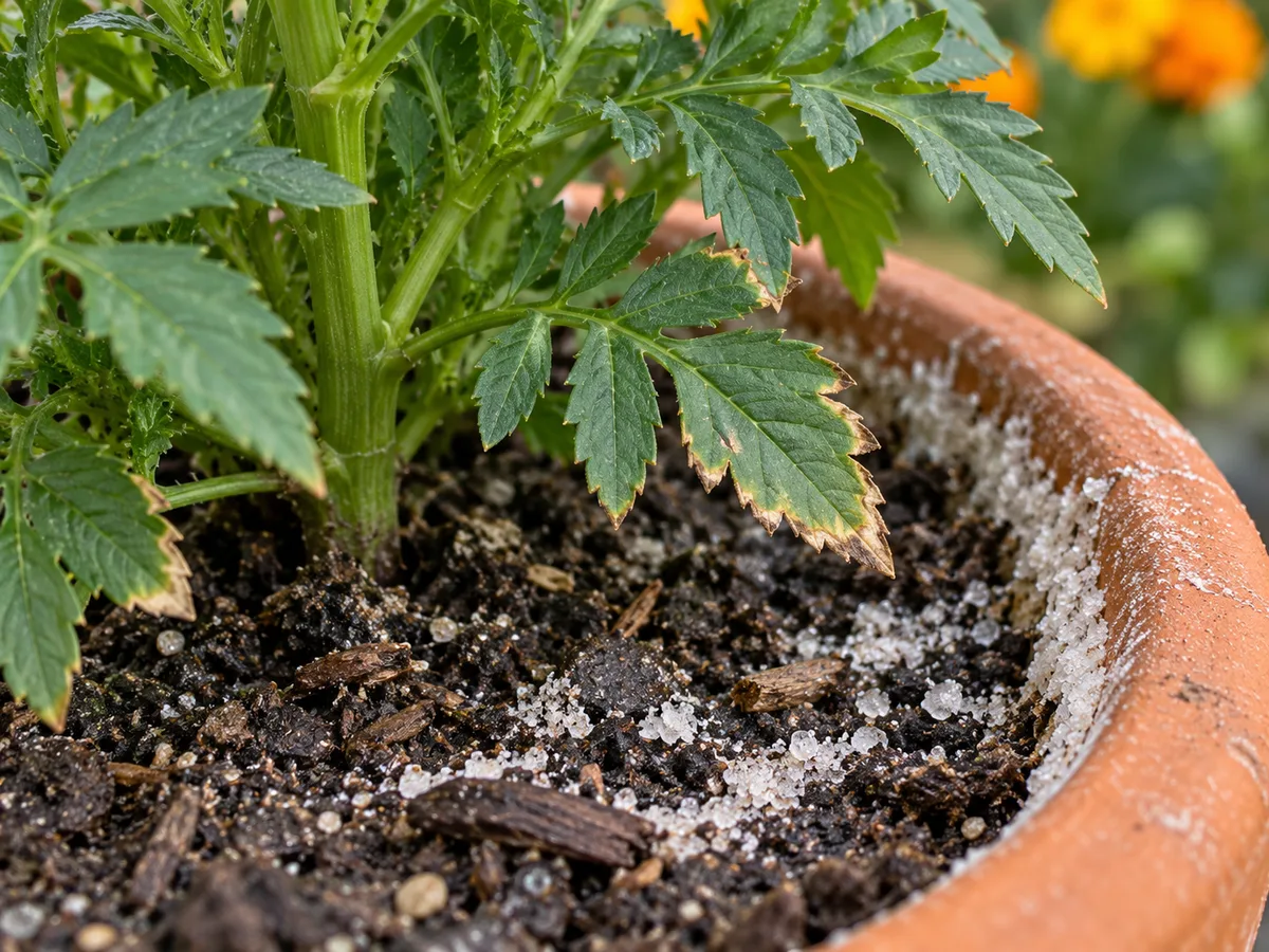 Close view of African marigold leaf edges and pale salt crust on the potting mix and pot rim
