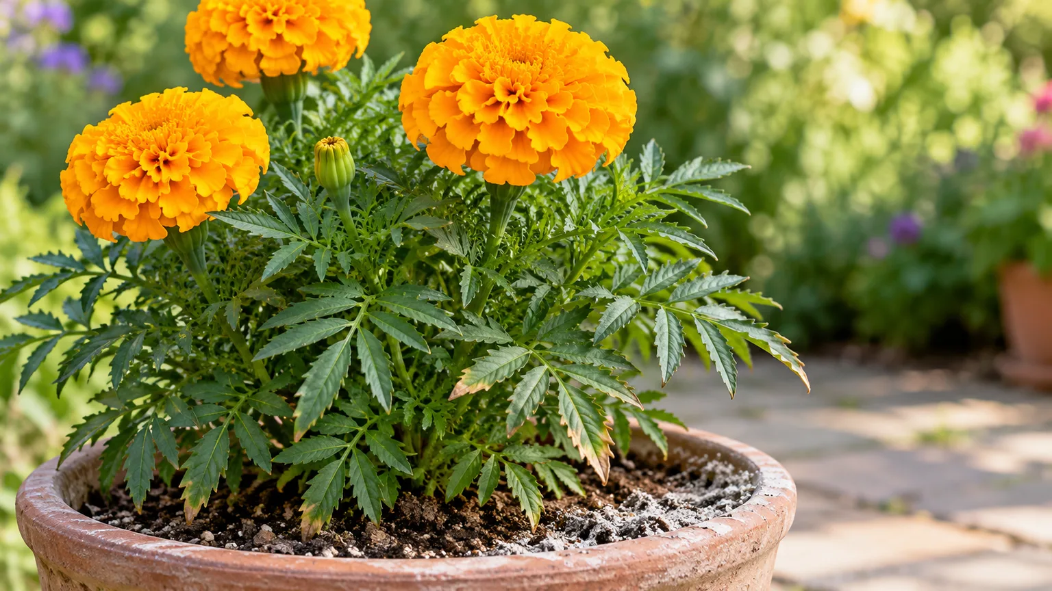 African marigold with a pale salt crust on its potting mix and lightly browned leaf edges