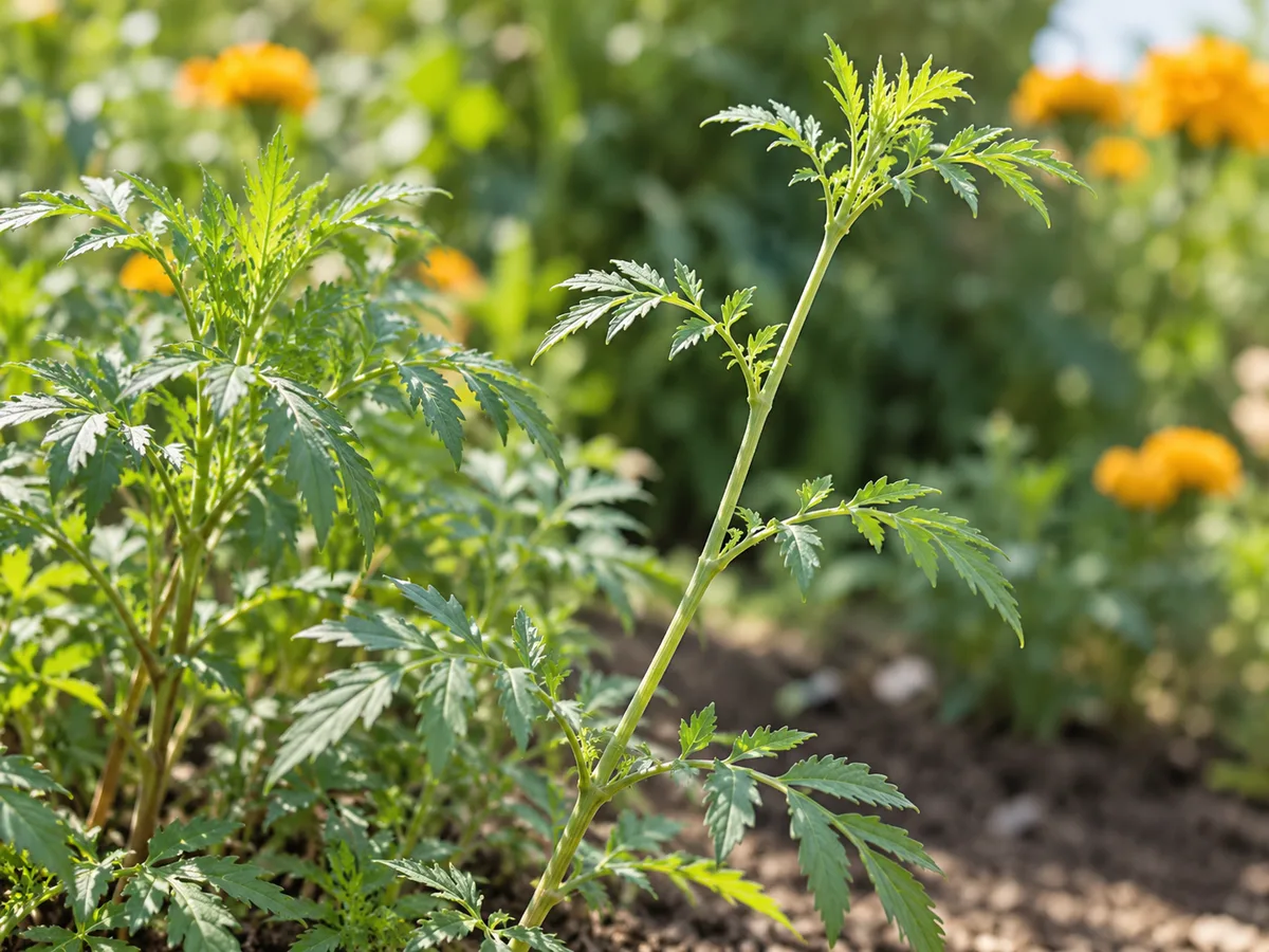 Close view of a young African Marigold with one long, slender stem and wide gaps between its leaf sets