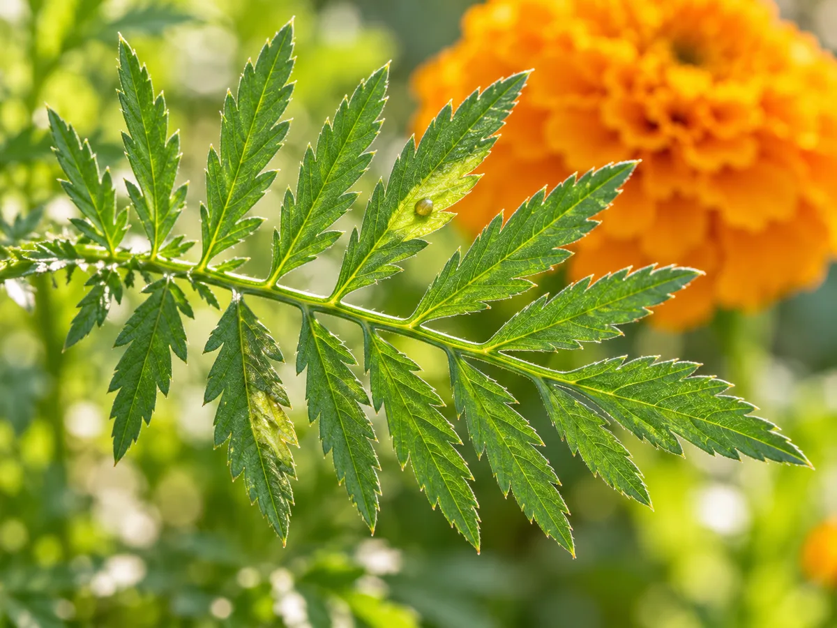 Close view of pale translucent patches and small raised blisters on Marigold leaflets