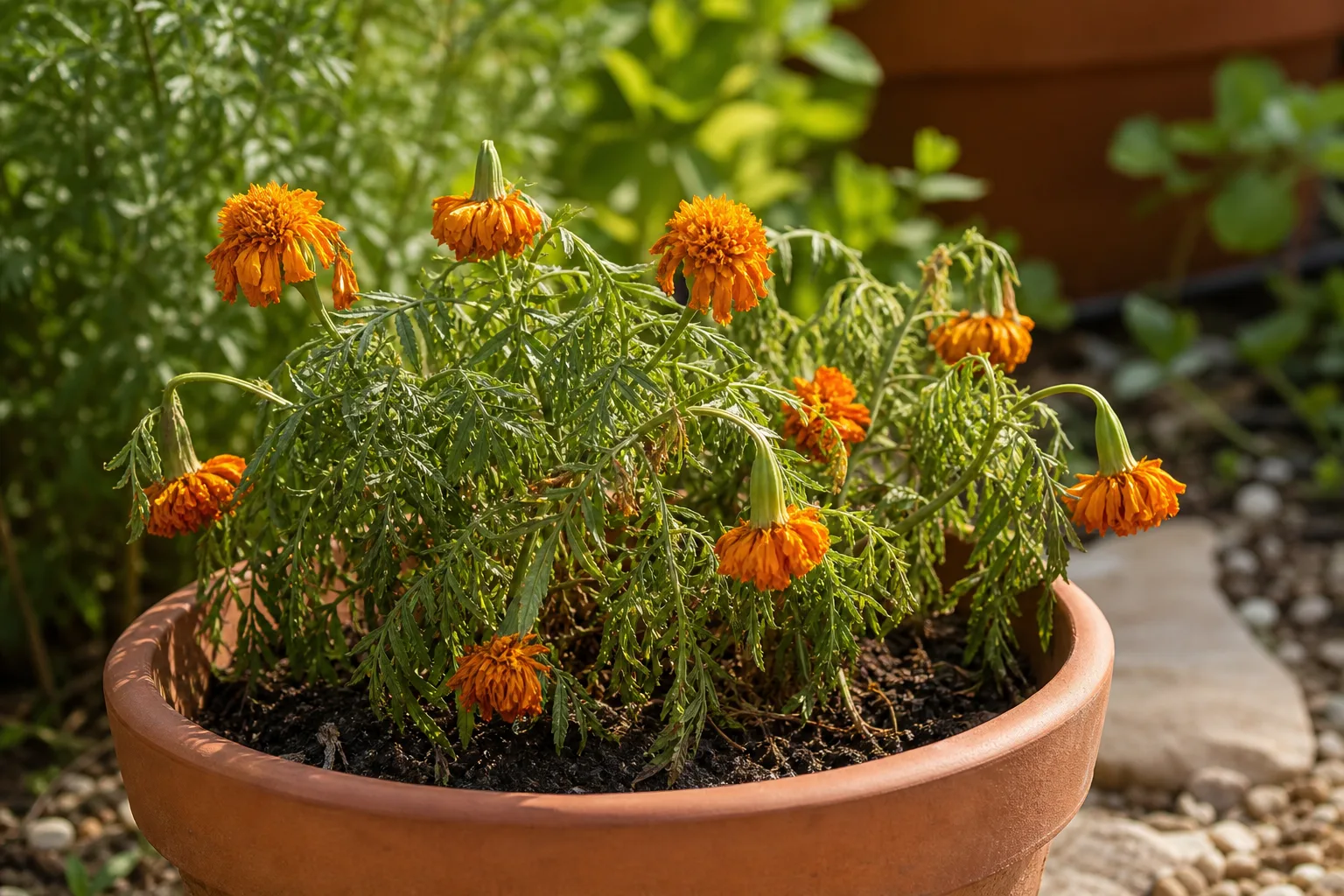 Wilting on Marigold - visible symptom on the plant