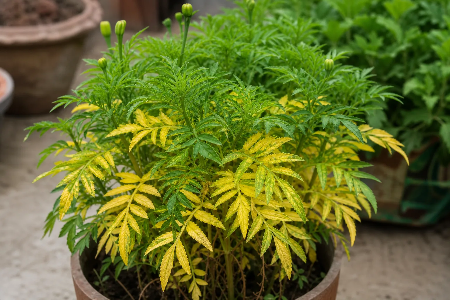 Yellow Leaves on Marigold - visible symptom on the plant