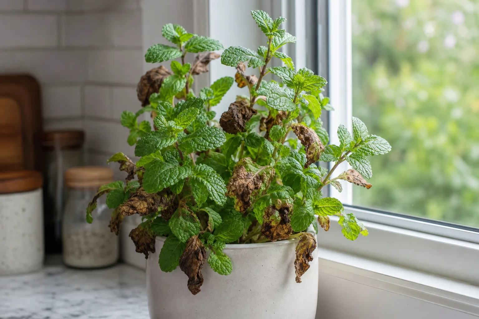 Brown Leaves on Mint - visible symptom on the plant