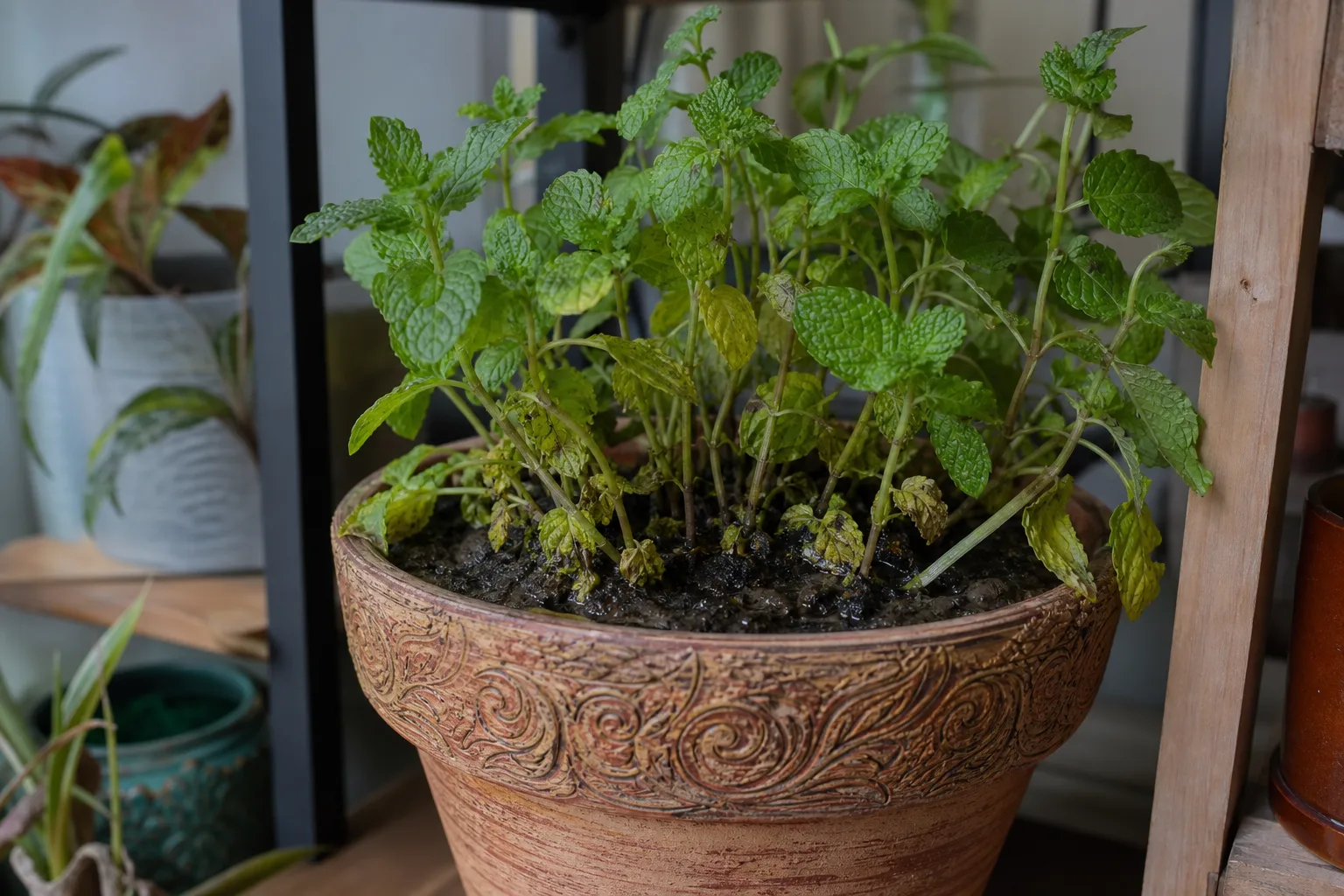 No Drainage Hole on Mint - visible symptom on the plant