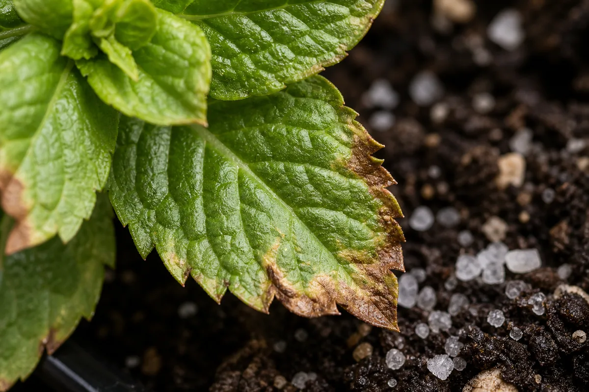 Close-up of Overfertilization on Mint - diagnostic detail