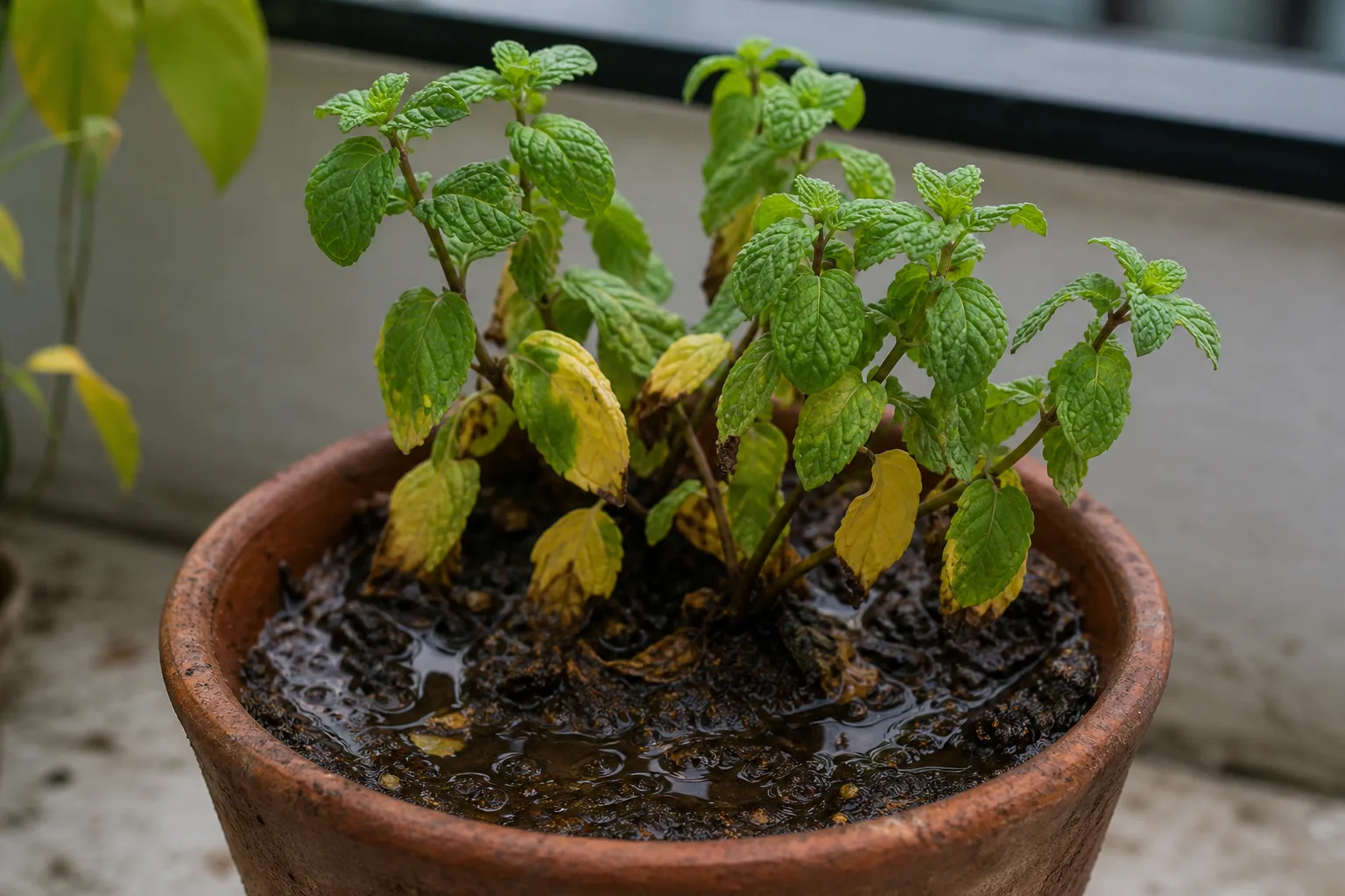 Poor Drainage on Mint - visible symptom on the plant