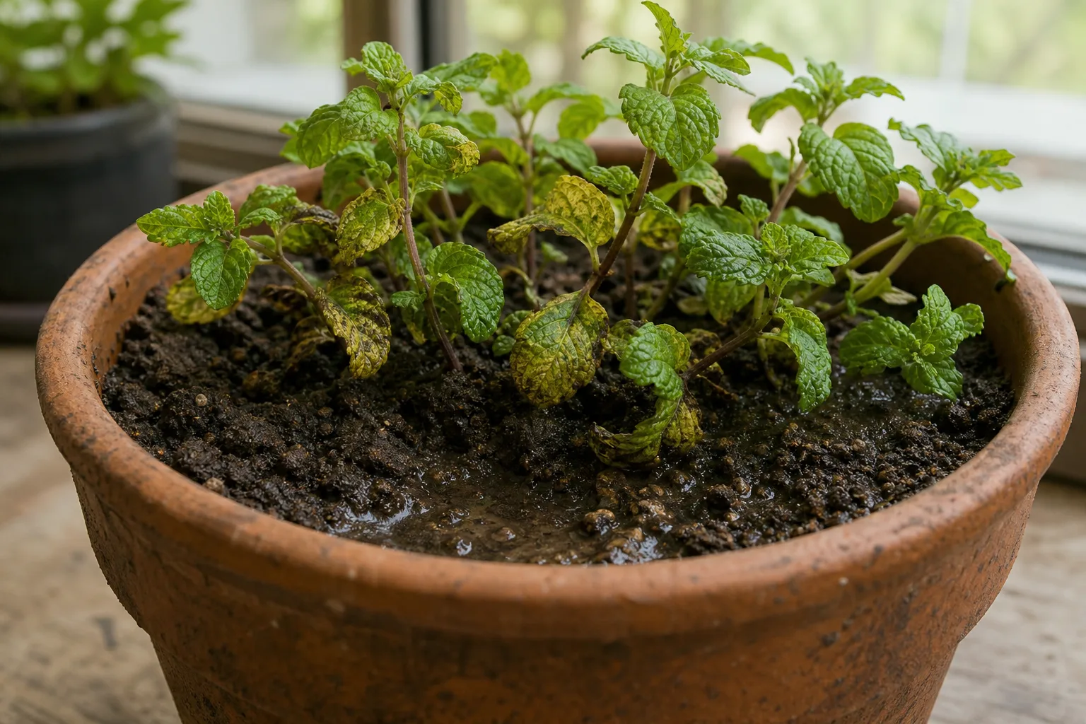 Wrong Soil Mix on Mint - visible symptom on the plant