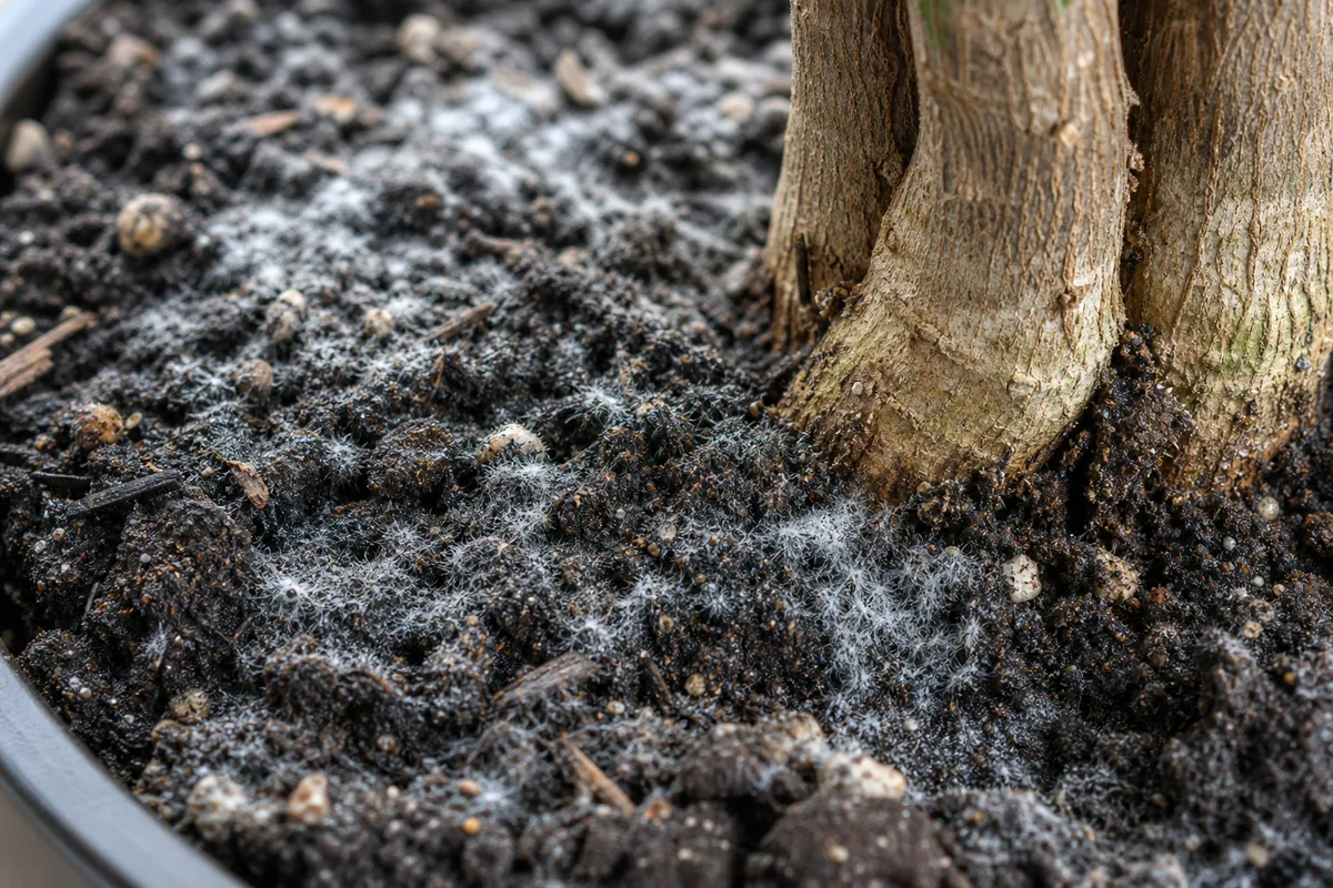 Close-up of Mold on Soil on Money Tree - diagnostic detail
