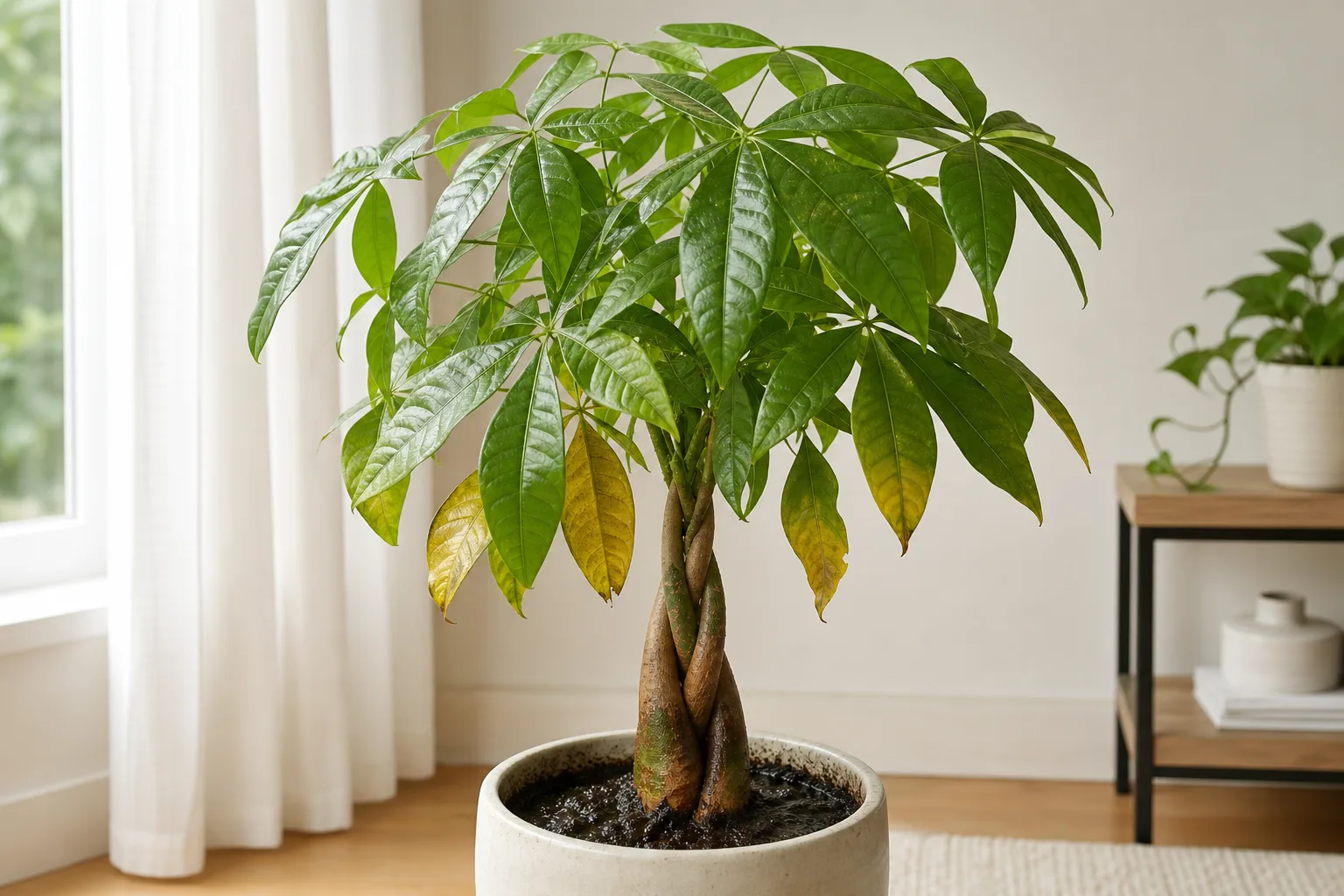 Money tree with yellow lower leaf whorls and damp soil from overwatering in indoor pot