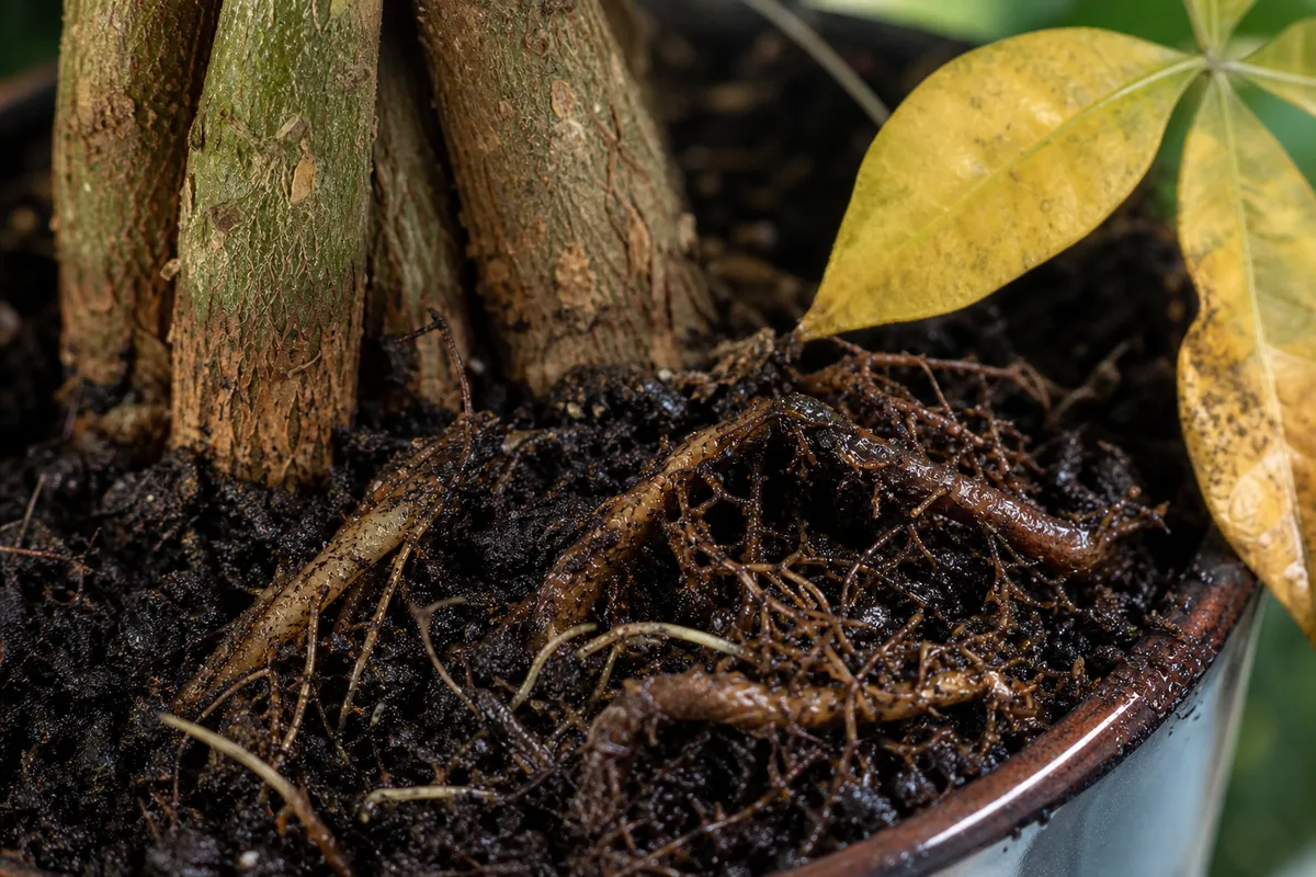 Close-up of Root Rot on Money Tree - diagnostic detail