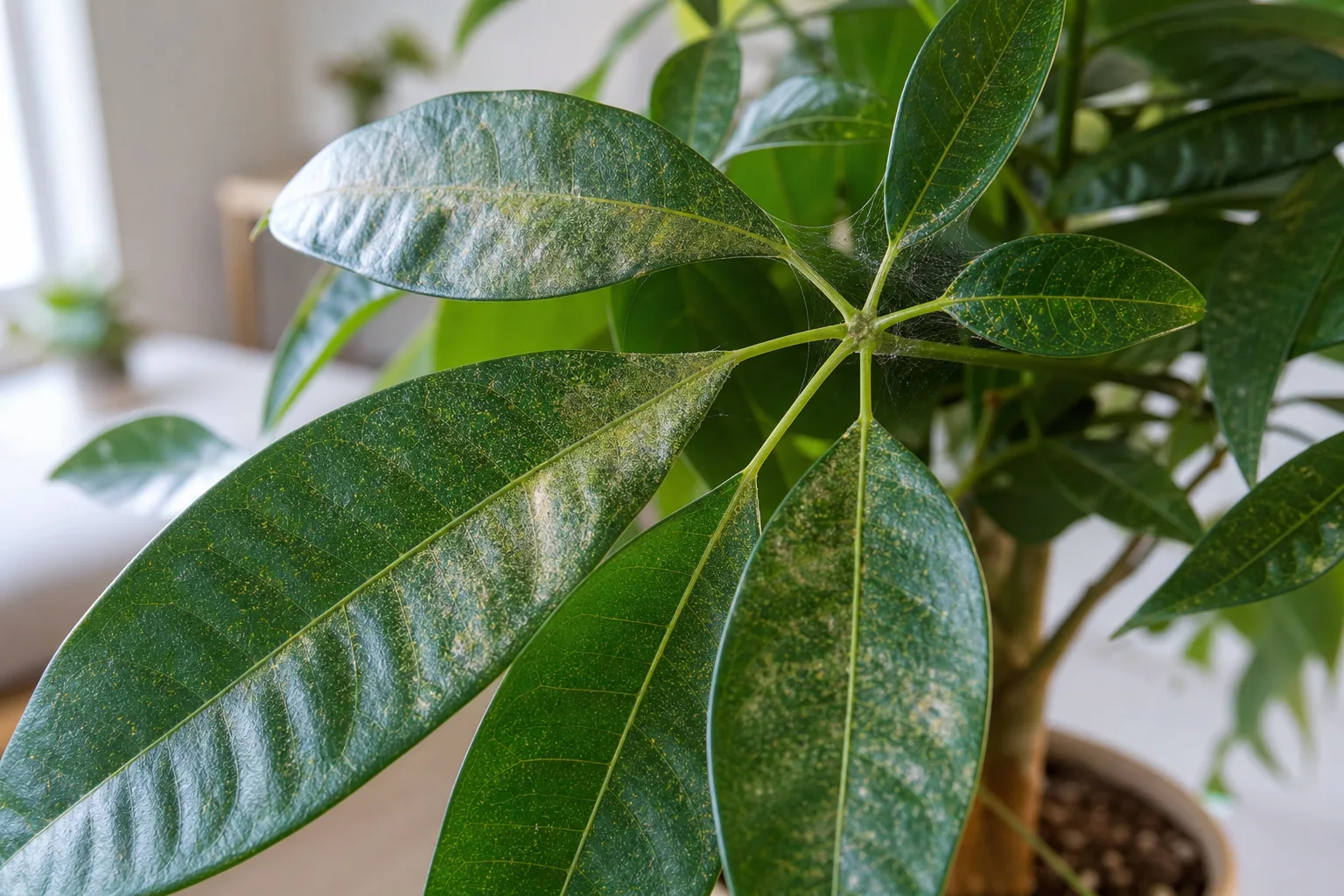 Spider mite stippling and yellowing on money tree leaflets with fine webbing visible