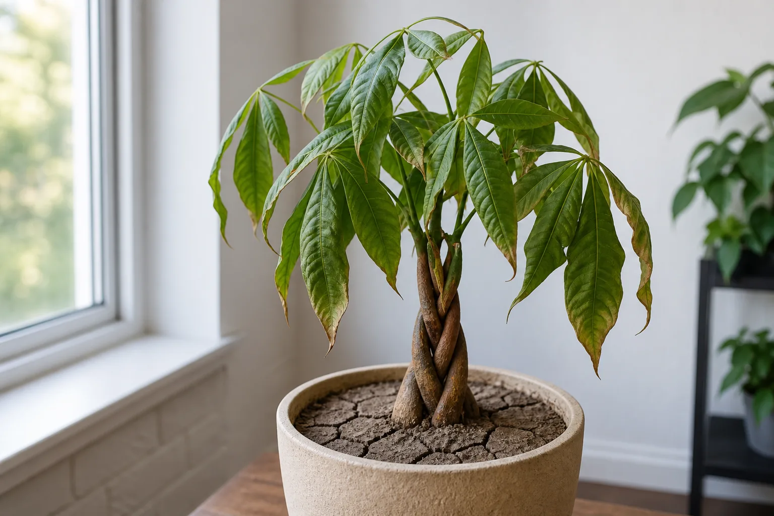 Money tree with scattered yellow leaflets and dry pulling soil from underwatering