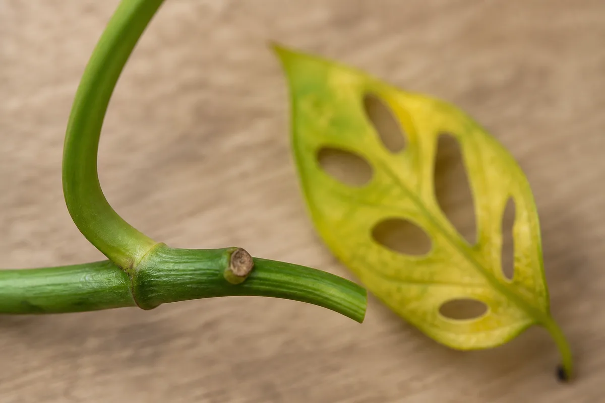 Close-up of Leaf Drop on Monstera Adansonii - diagnostic detail