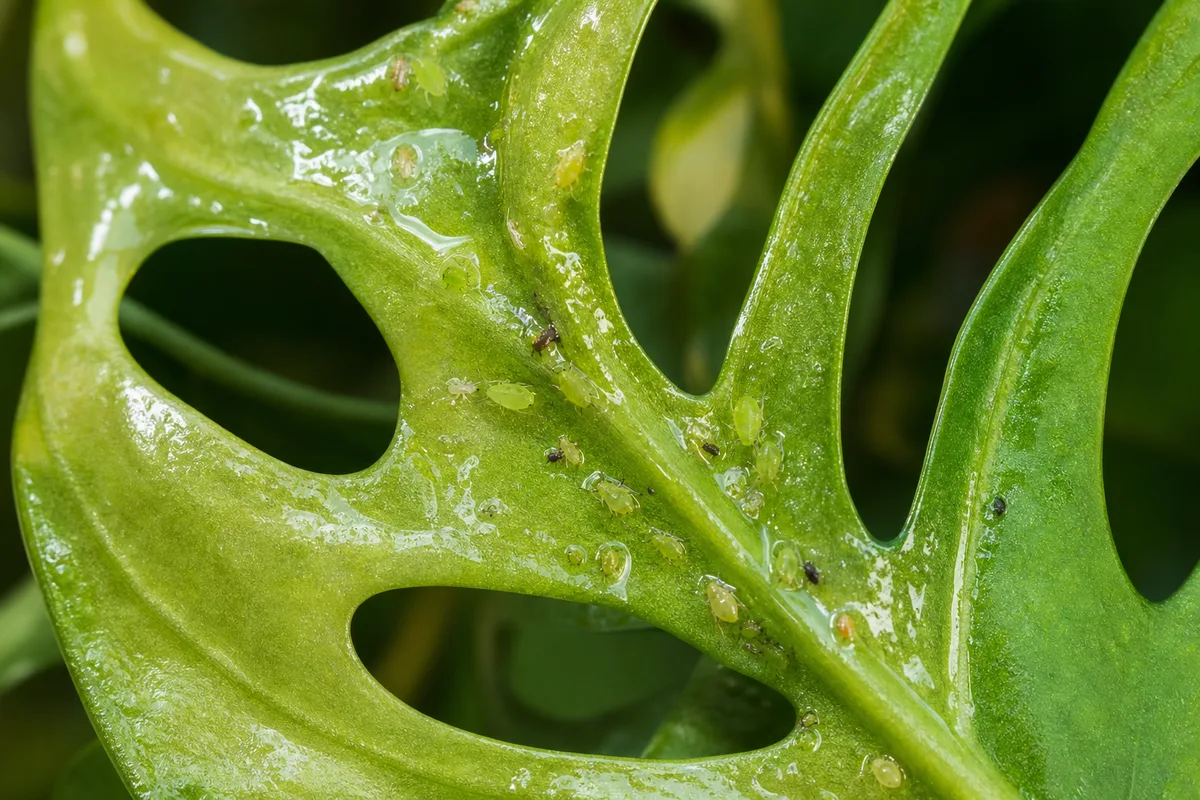 Close-up of Sticky Leaves on Monstera Adansonii - diagnostic detail