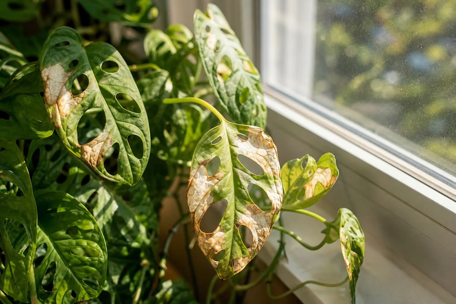 Sunburn / Scorched Leaves on Monstera Adansonii - visible symptom on the plant