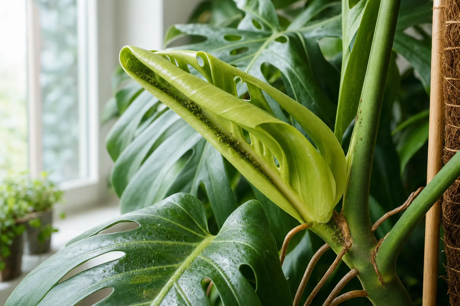 Monstera leaf underside with aphids clustered on soft unfurling tissue