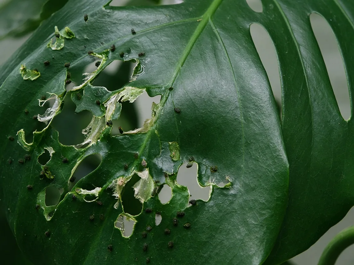 Close-up of caterpillar damage on Monstera Deliciosa - irregular chewed holes on fenestrated split leaf with dark frass pellets