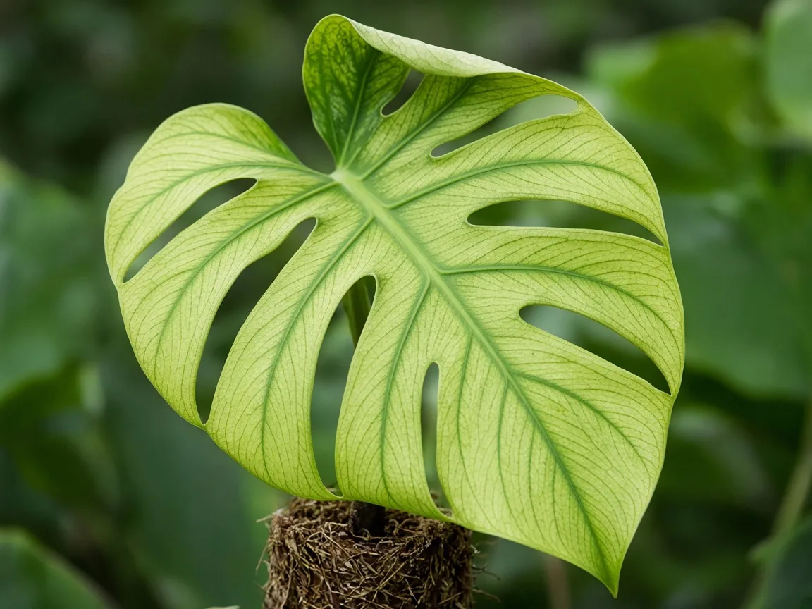Close-up of iron deficiency on Monstera deliciosa - interveinal chlorosis on unfurling split leaf