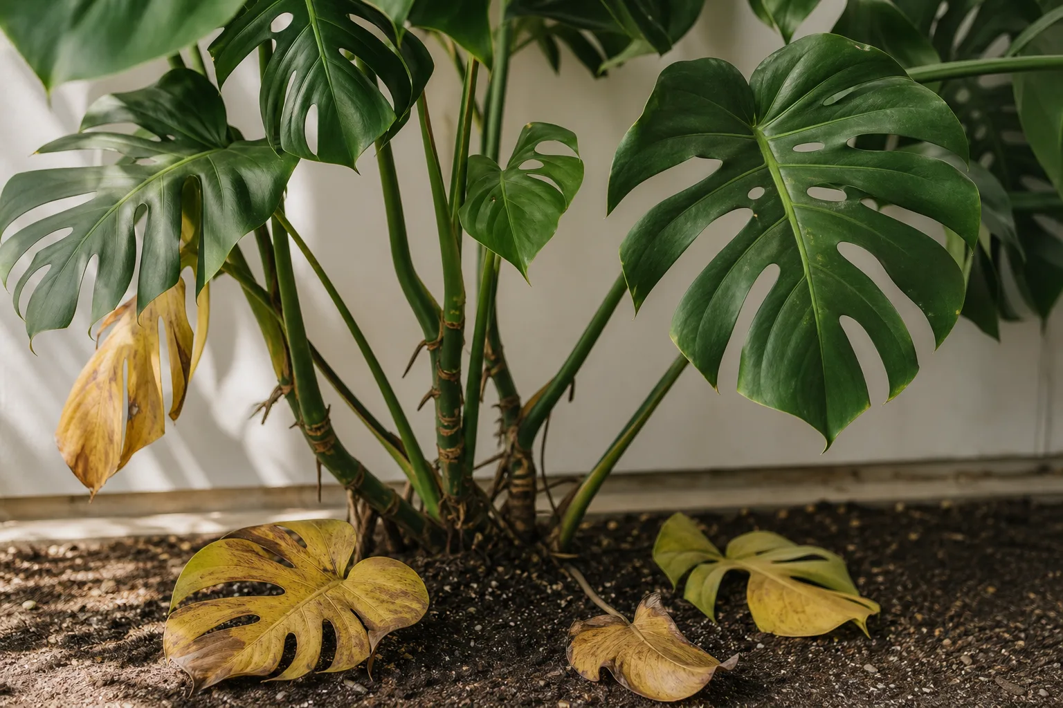 Leaf Drop on Monstera Deliciosa - visible symptom on the plant