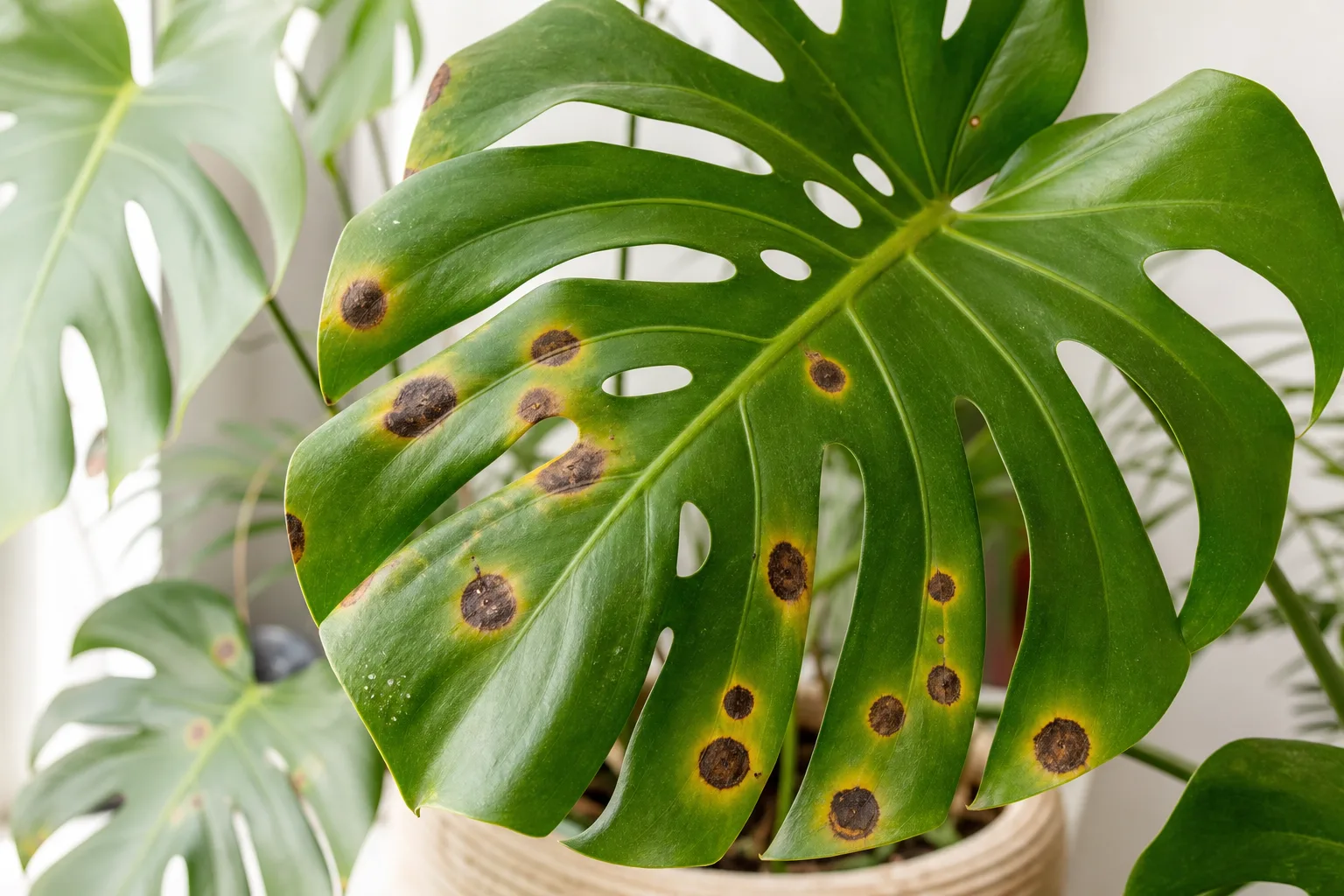 Leaf spot disease on Monstera foliage for disease identification