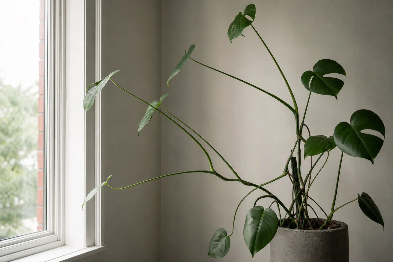 Leggy Monstera deliciosa with stretched internodes and sparse foliage