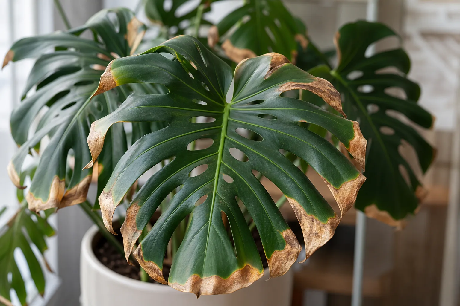 Monstera deliciosa with dry, crispy brown edges associated with low humidity or inconsistent moisture