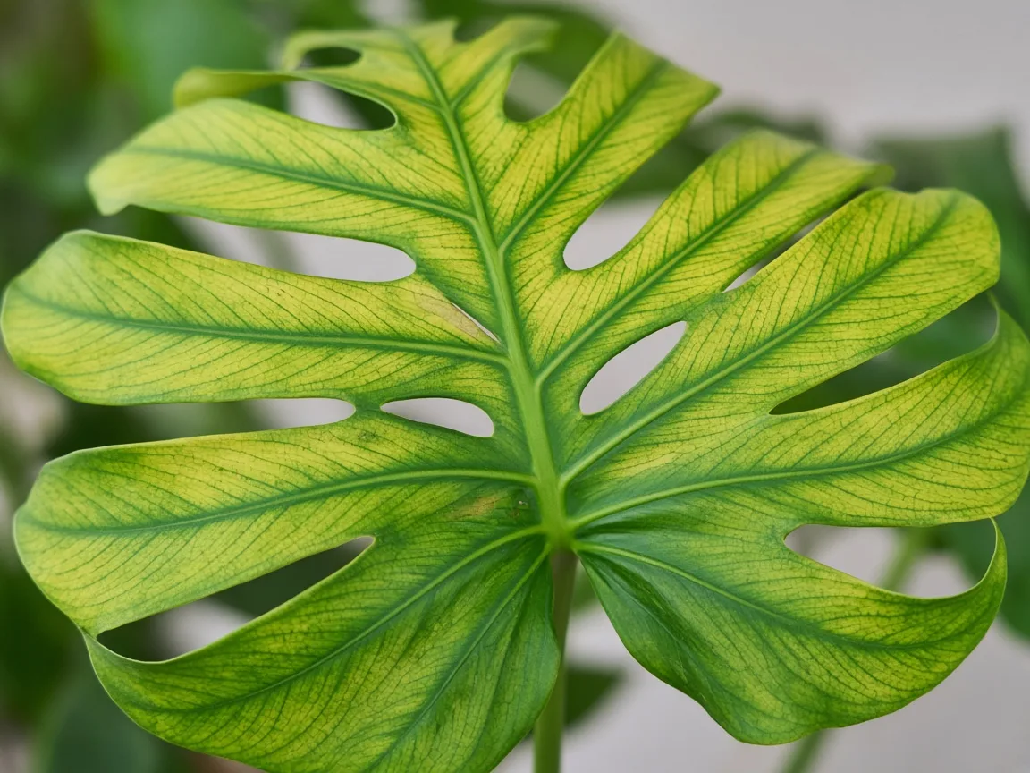 Close-up of magnesium deficiency on Monstera deliciosa - interveinal chlorosis on older split leaf