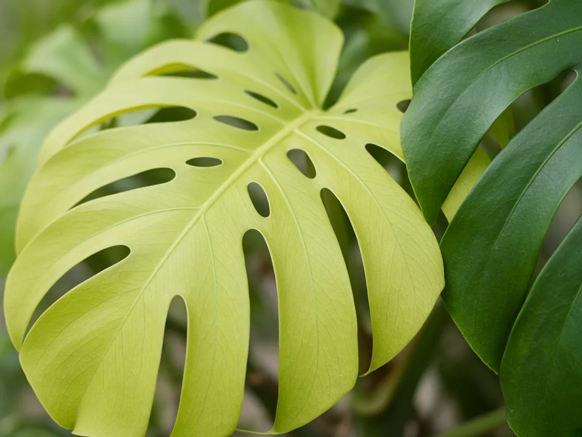 Close-up of nitrogen deficiency on Monstera deliciosa - uniform pale yellowing on older split leaf