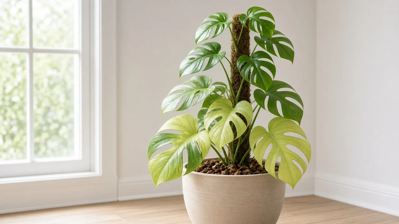 Nitrogen Deficiency on Monstera Deliciosa - pale older split leaves on a climbing floor plant